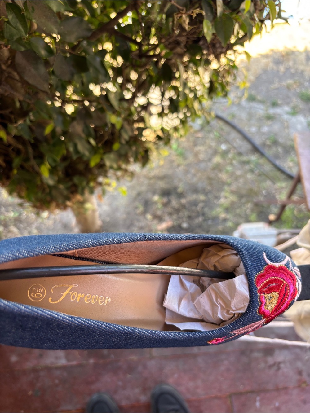 Forever 21 Denim Slip-On heels with Pink Rose Embroidery